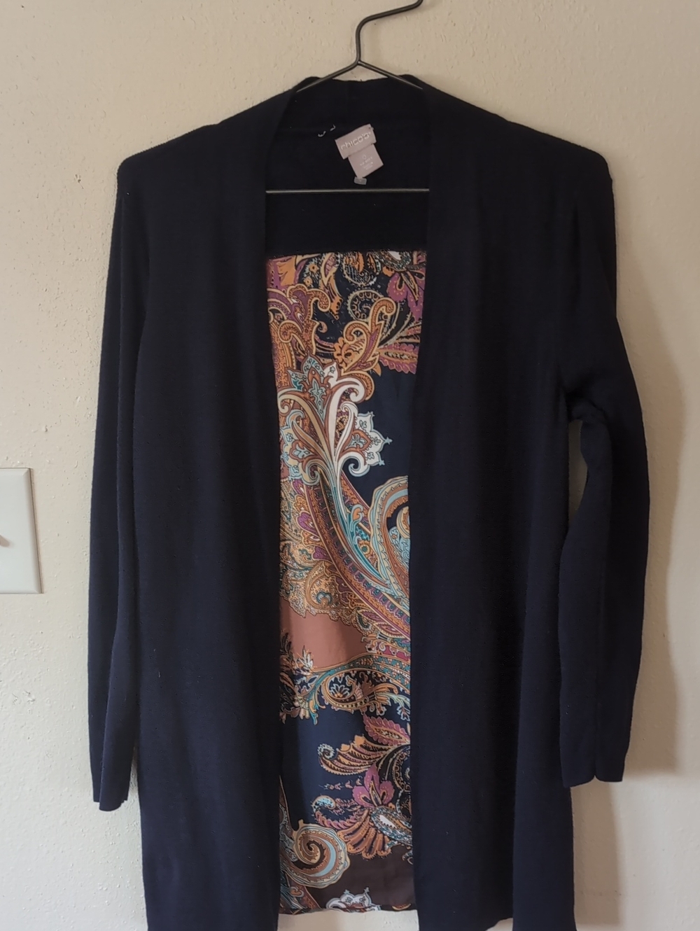 Chico's Navy Paisley Crepe Back Cardigan 0